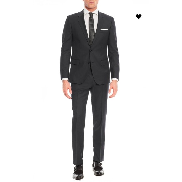 Hugo Boss Suit 42R Mens Solid Dark Grey Virgin Wool Slim Fit Huge Genius 2 Piece - Picture 1 of 16
